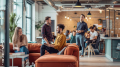 Foto Blurred photo capturing the dynamic atmosphere of a modern open-plan office with people engaged in discussion and work