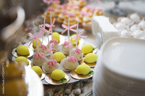 Delicious sweet cakes and desserts at the festive candy bar