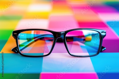 A pair of eyeglasses with reflective lenses placed on a colorful palette of swatches, creating a vibrant and artistic display.