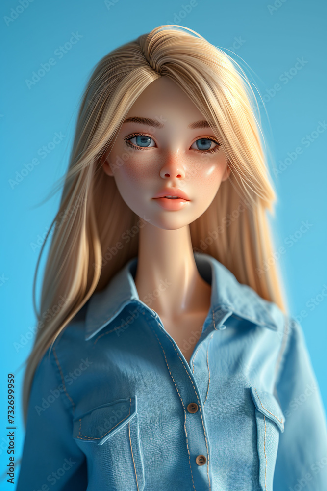 Fototapeta premium 3D Illustrated Blonde Woman in Denim Shirt 