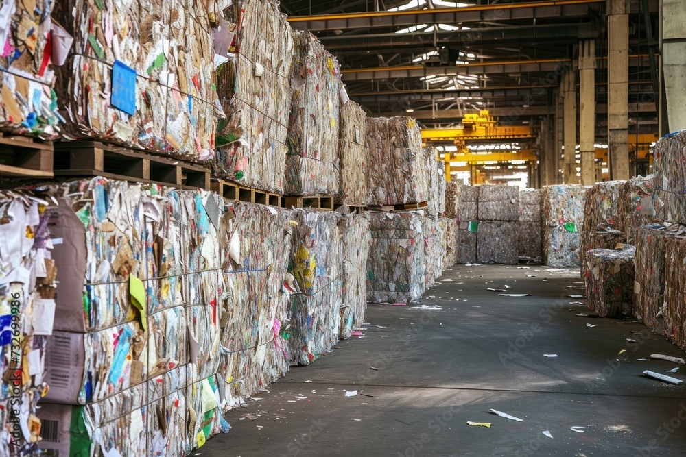 Paper recycling facility with large bales of compressed used paper ready for processing, showcasing industrial scale recycling efforts.