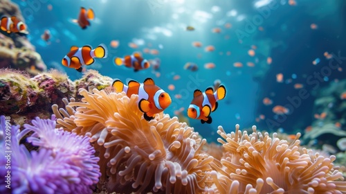 clownfish swimming in anemones photo