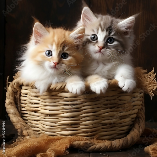 Two cute little kittens in a basket with flowers on a dark background © Soeren