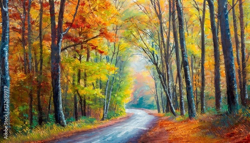 oil painting autumn landscape road in a colorful forest art wo © Alexander