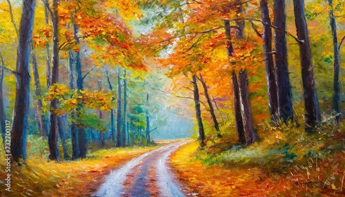 oil painting autumn landscape road in a colorful forest art wo