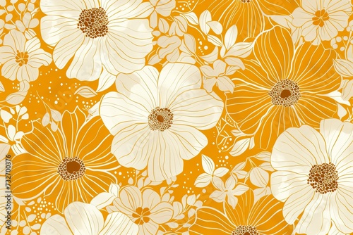 Yellow, gold, pattern with bright flowers in the style of the 60s.