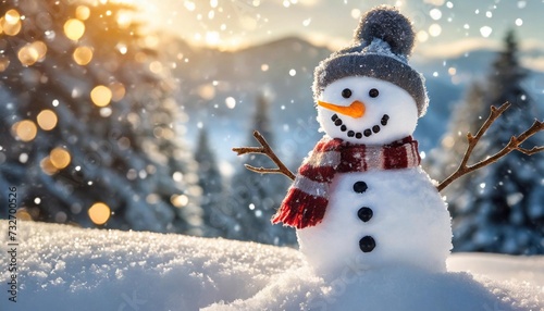 winter holiday christmas background banner closeup of cute funny laughing snowman with wool hat and scarf on snowy snow snowscape with bokeh lights illuminated by the sun