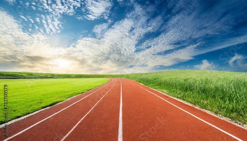 running track with grass and beautiful blue cloudy sky
