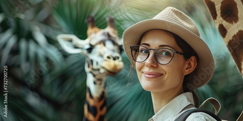 Friendly female zoologist standing outside an animal display photo