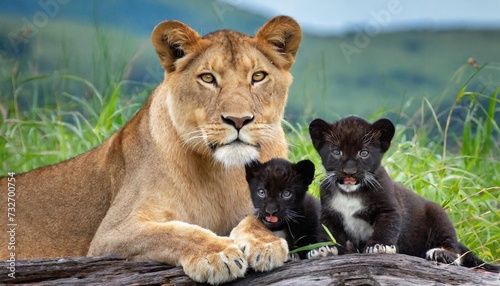 momma lioness and cubs photo