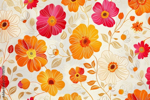 Wallpaper Mural Yellow, gold, pattern with bright flowers in the style of the 60s. Torontodigital.ca