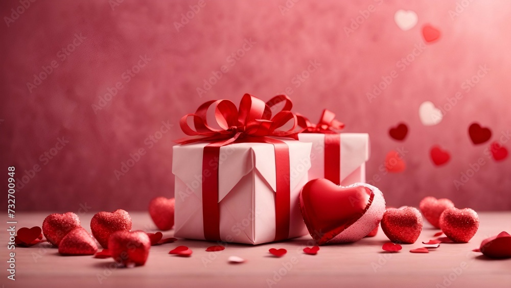 Festive Red Gift Boxes With Hearts for a Valentine day