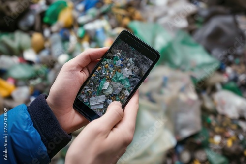Hands holding a smartphone and taking photo of a waste disposal site, illustrating technology's role in waste management.