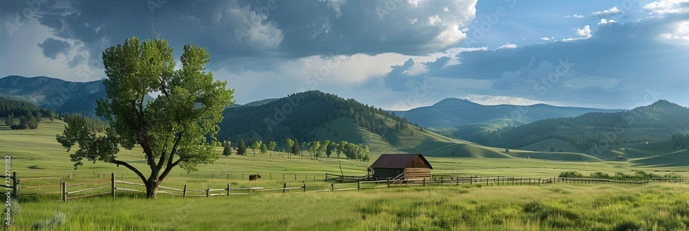 Cattle ranch with a field of grass for cows and bulls to eat - obrazy, fototapety, plakaty 