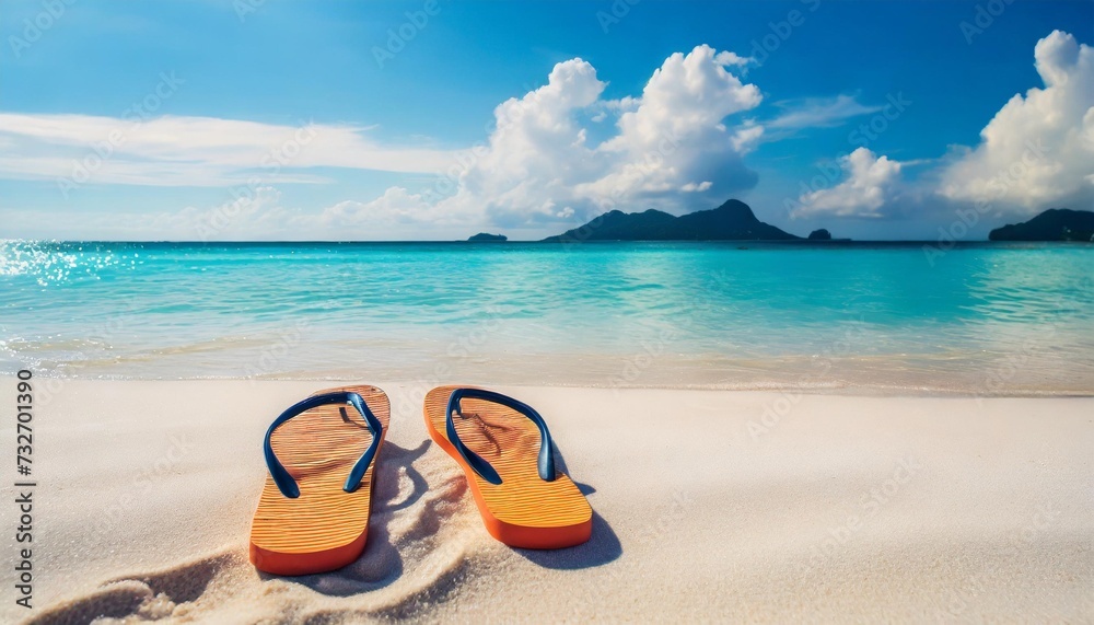 flip flops on the white sand beach with blue sea background