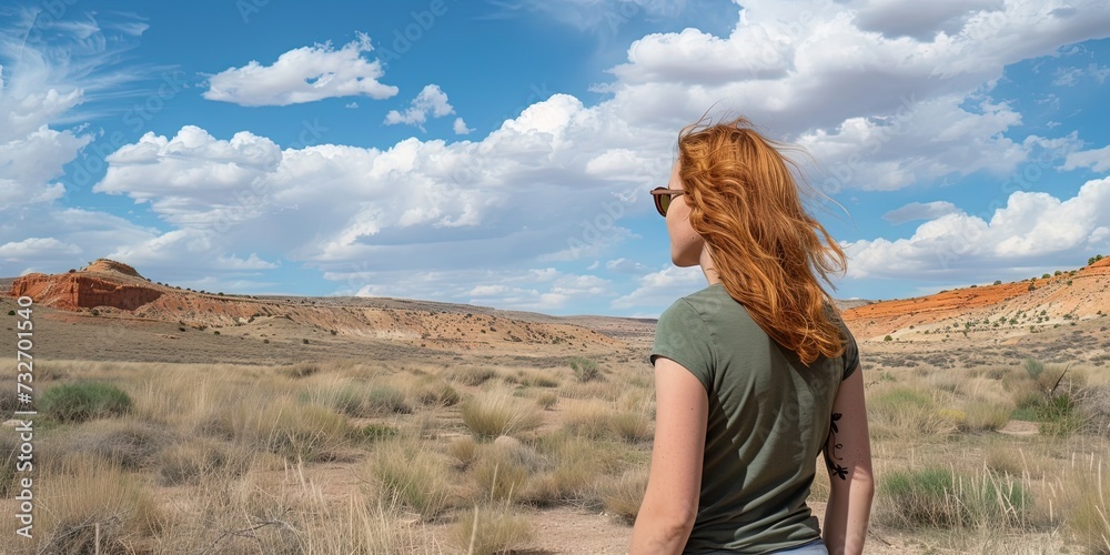 Young woman with orange hair exploring the southwest desert