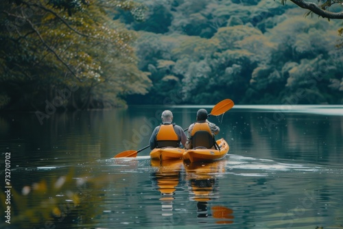 Senior couple kayaking on a tranquil lake surrounded by lush greenery. © evgenia_lo