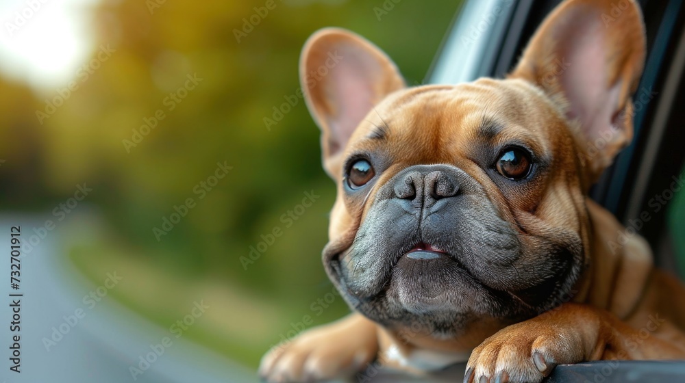 A French bulldog enjoying life looks out of the window of a car driving along a road in the forest. Concept of goods and equipment for traveling and adventures with a pet.