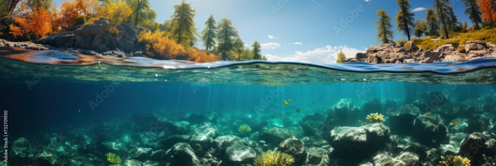 Underwater View of Coral Reef With Background Trees