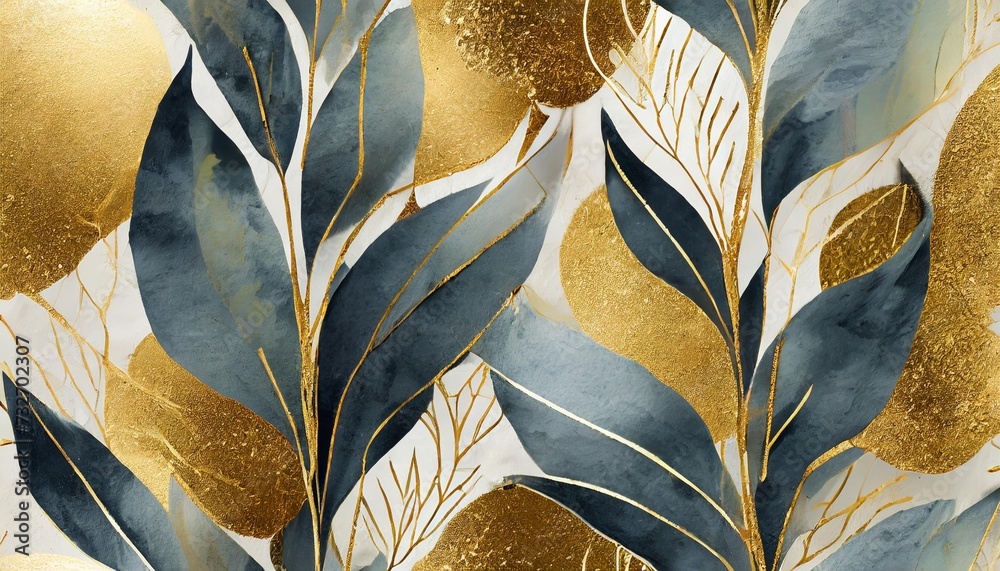 painted abstract background modern seamless pattern with plant silhouettes and gold graphic elements
