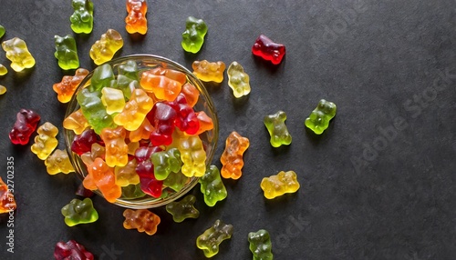 multicolored flying gummy bears on a black background flat lay banner
