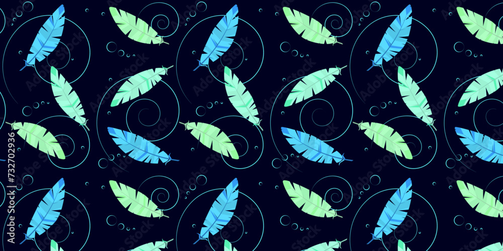 Naklejka premium Abstract Blue Background, Seamless Pattern, Feathers, Spirals, Artistic, Textile, Softness, Vector Illustration
