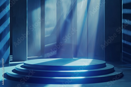 illustration of an empty podium scene for a product presentation with blue dramatic light. photo