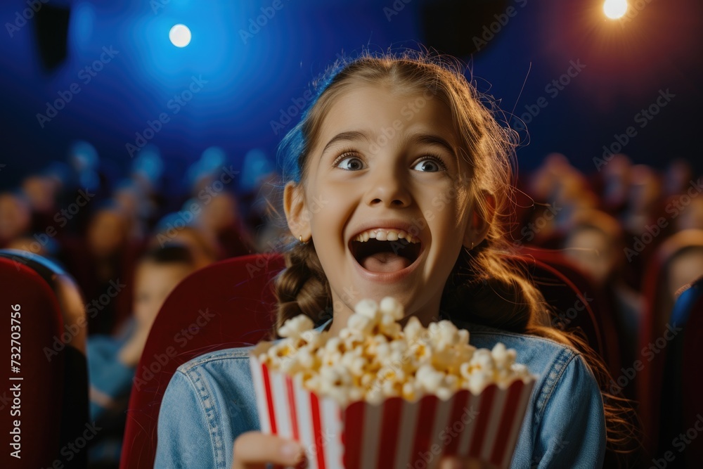 Excited young girl holding popcorn in a movie theater