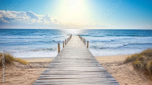 Wooden path at idealistic landscape over sand dunes with ocean view  sunset summer