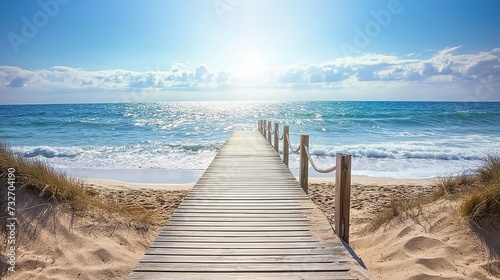 Wooden path at idealistic landscape over sand dunes with ocean view, sunset summer photo