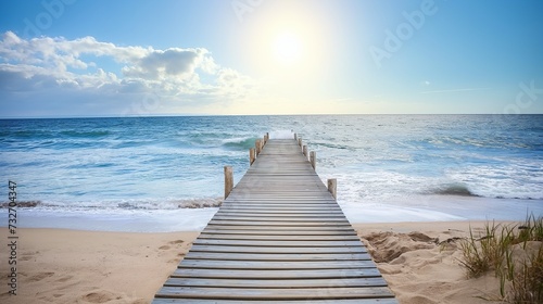 Wooden path at idealistic landscape over sand dunes with ocean view, sunset summer