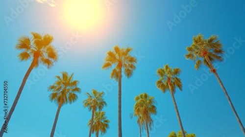 tropical green palm trees against a blue sky with glare of the sun