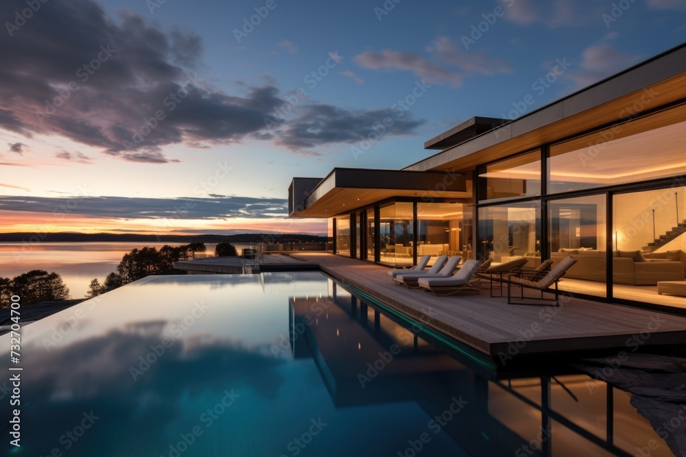 Panorama of a modern home with pool at sunset