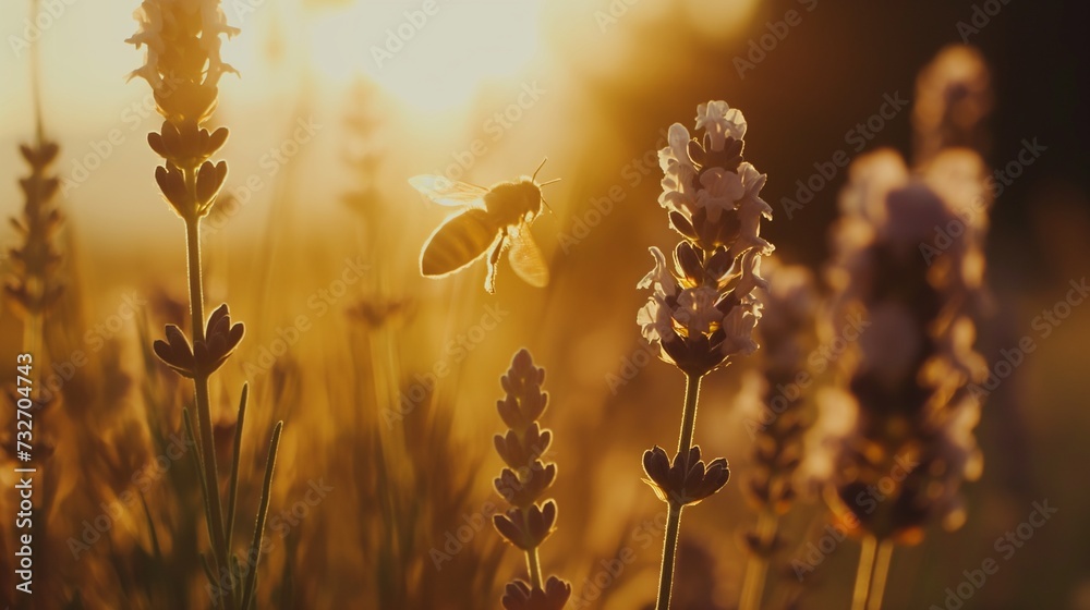 Honey bee pollinates lavender flowers, sunny lavender. Lavender flowers in field. Soft focus - obrazy, fototapety, plakaty 