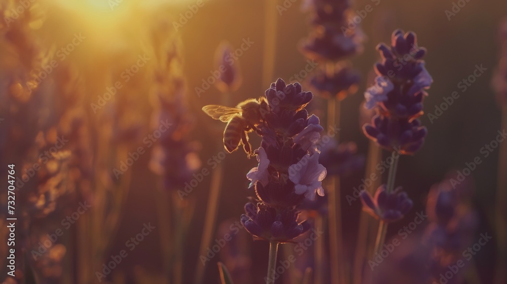 Honey bee pollinates lavender flowers, sunny lavender. Lavender flowers in field. Soft focus - obrazy, fototapety, plakaty 