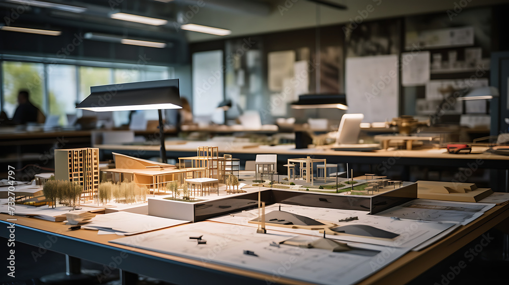 An image of an architecture firm office with drafting tables, scale models, and creative design boards.