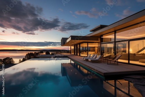 Panorama of a modern home with pool at sunset © Geber86
