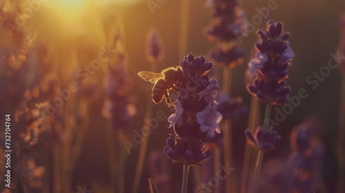 Honey bee pollinates lavender flowers, sunny lavender. Lavender flowers in field. Soft focus photo