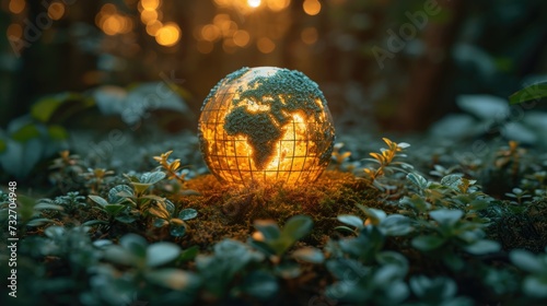 Conceptual logo for the presentation of the World Economic Forum, represented by a globe glowing from the inside on green young grass. photo