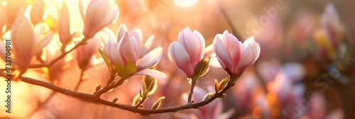 blooming magnolia flowers on a branch close up  golden hour