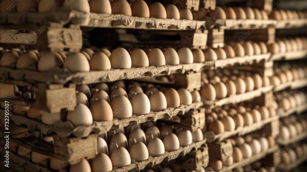 Organized Stacks of Brown Egg Cartons Filled with Fresh Eggs