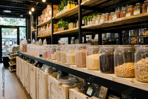 A variety of grains and pulses displayed in clear jars on shelves in a zero-waste shop.