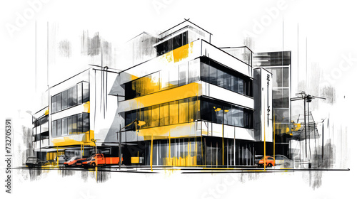 A modernized office building depicted in a captivating watercolor sketch photo