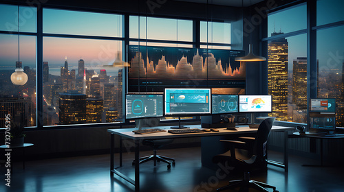 An image of a data analytics firm office with data visualization screens, analytics dashboards, and collaborative workspaces.