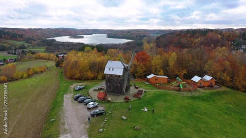 Autumnal landscape of Kashubian windmill, lakes and forests, Poland photo