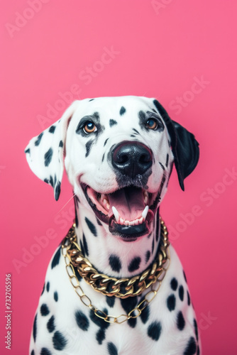 Stylish Dalmatian Dog with Gold Chain Collar on Pink Background © romanets_v