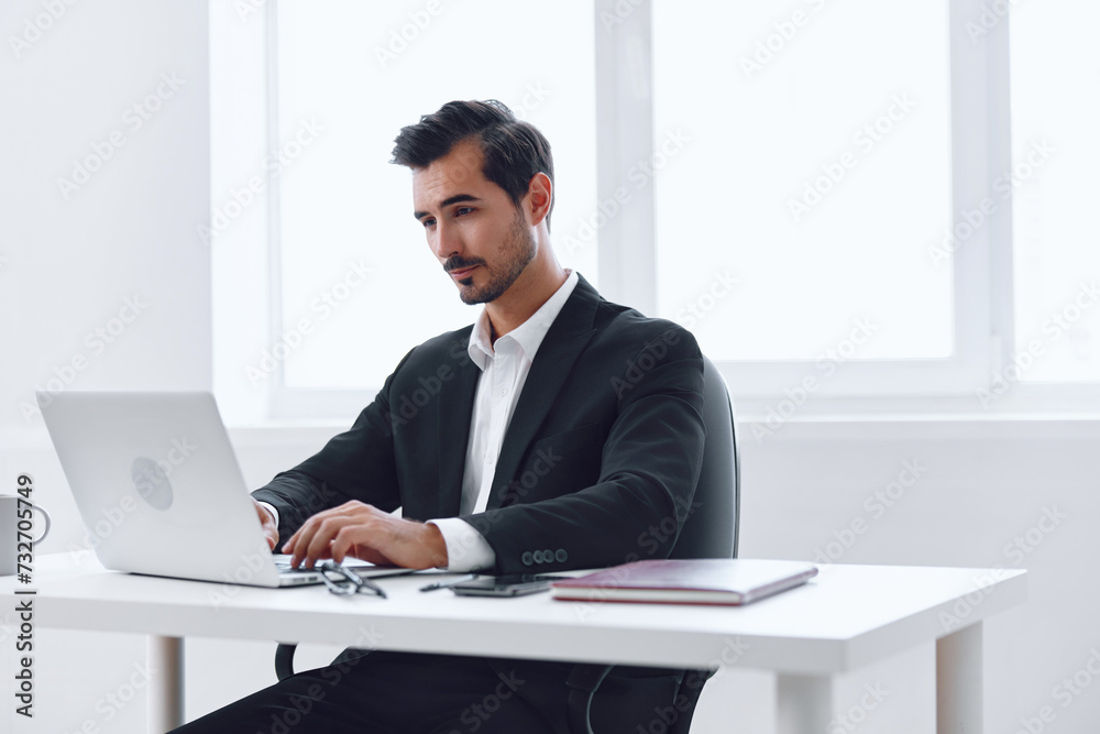 Man computer person tired working sitting desk male laptop business office angry businessman thinking Man computer person tired working sitting desk male laptop business office angry businessman thinking