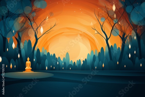 Illustration of a night forest with full moon and golden Buddha. Abstract background for Magha Puja Day or Makha Bucha Day photo