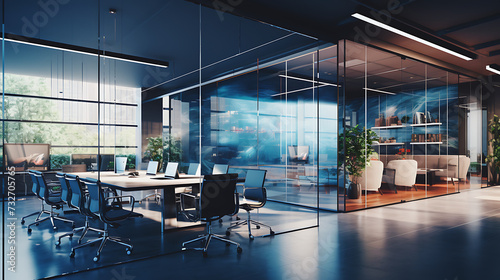 An image of a financial consulting office with glass partitions  boardroom tables  and computers for data analysis.