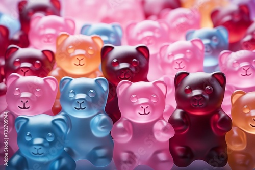 Sweets, gelatin, jelly, marmalade, colorful fruit bears. A colorful composition consisting of a variety of sweet treats, including gelatin, jelly and fruit marmalade. Colorful fruit bears add a playfu